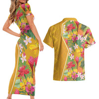Africa Tropical Flowers Couples Matching Short Sleeve Bodycon Dress and Hawaiian Shirt Yellow Version - Wonder Print Shop