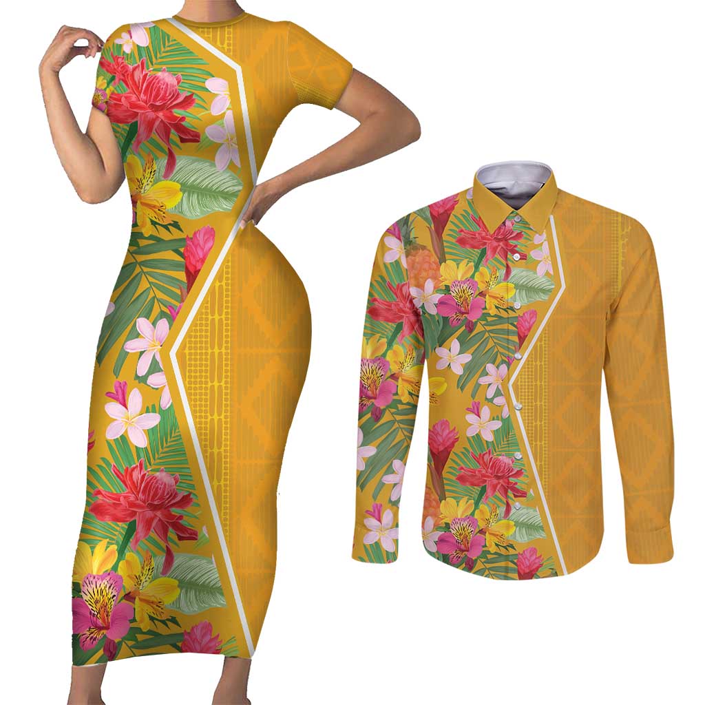 Africa Tropical Flowers Couples Matching Short Sleeve Bodycon Dress and Long Sleeve Button Shirt Yellow Version - Wonder Print Shop