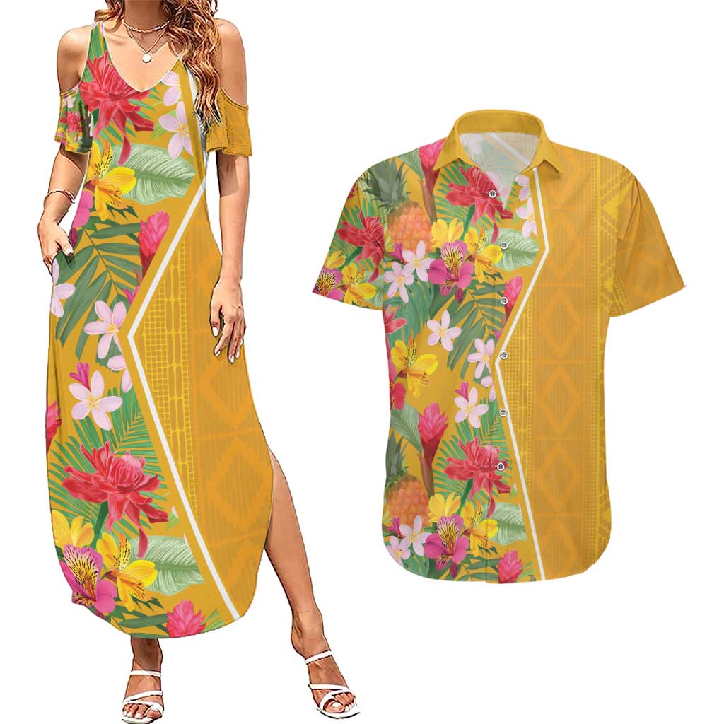 Africa Tropical Flowers Couples Matching Summer Maxi Dress and Hawaiian Shirt Yellow Version - Wonder Print Shop