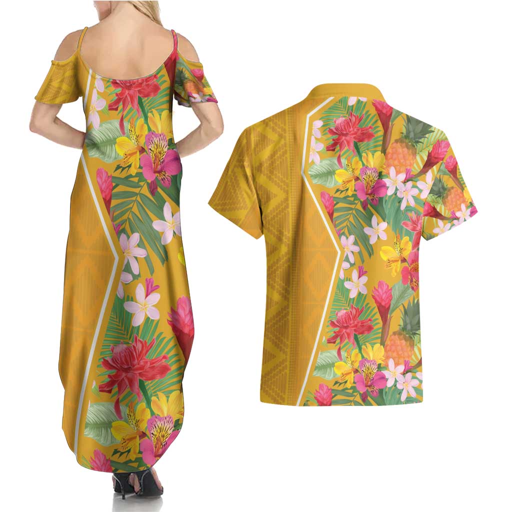 Africa Tropical Flowers Couples Matching Summer Maxi Dress and Hawaiian Shirt Yellow Version - Wonder Print Shop