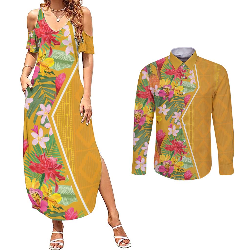 Africa Tropical Flowers Couples Matching Summer Maxi Dress and Long Sleeve Button Shirt Yellow Version - Wonder Print Shop