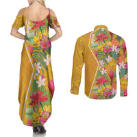 Africa Tropical Flowers Couples Matching Summer Maxi Dress and Long Sleeve Button Shirt Yellow Version - Wonder Print Shop