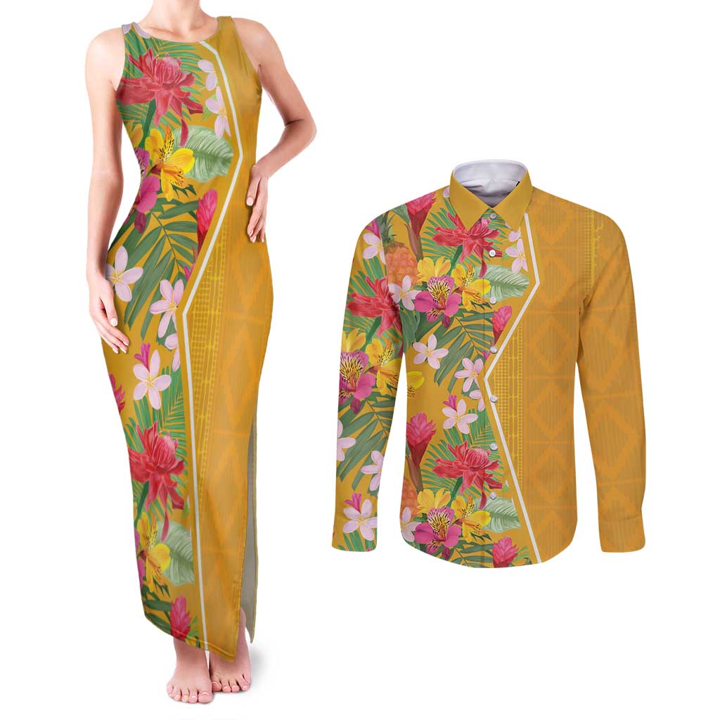 Africa Tropical Flowers Couples Matching Tank Maxi Dress and Long Sleeve Button Shirt Yellow Version - Wonder Print Shop