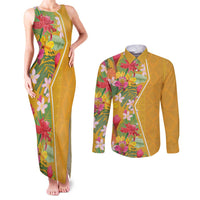 Africa Tropical Flowers Couples Matching Tank Maxi Dress and Long Sleeve Button Shirt Yellow Version - Wonder Print Shop