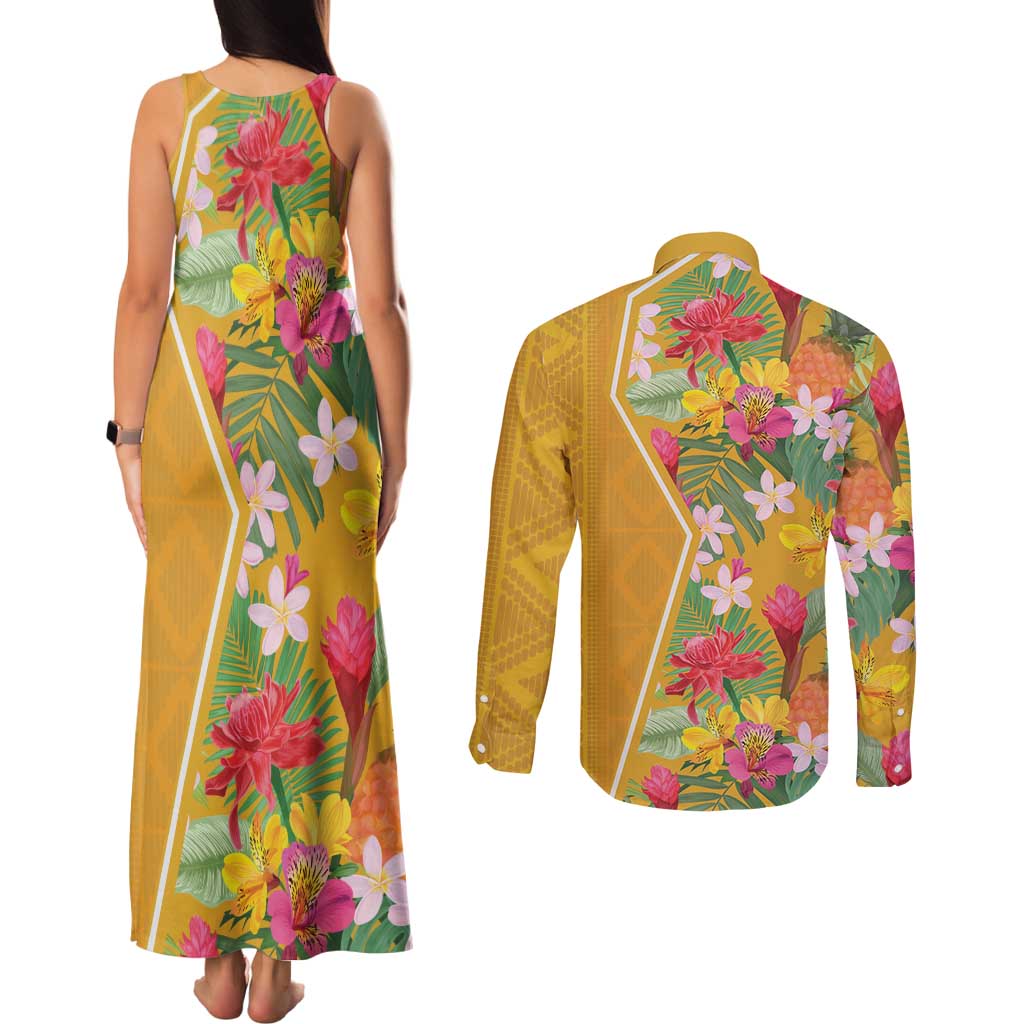 Africa Tropical Flowers Couples Matching Tank Maxi Dress and Long Sleeve Button Shirt Yellow Version - Wonder Print Shop