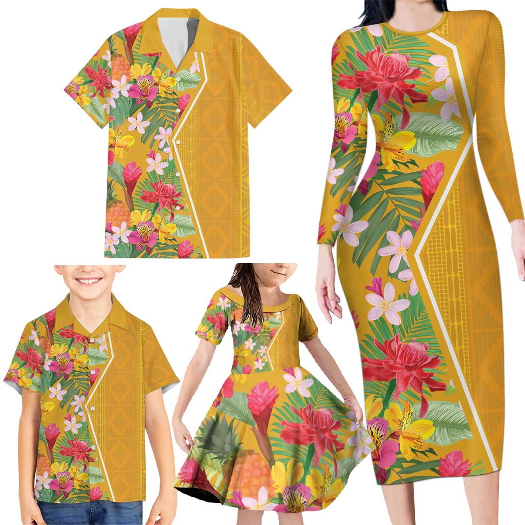 Africa Tropical Flowers Family Matching Long Sleeve Bodycon Dress and Hawaiian Shirt Yellow Version - Wonder Print Shop