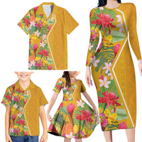 Africa Tropical Flowers Family Matching Long Sleeve Bodycon Dress and Hawaiian Shirt Yellow Version - Wonder Print Shop