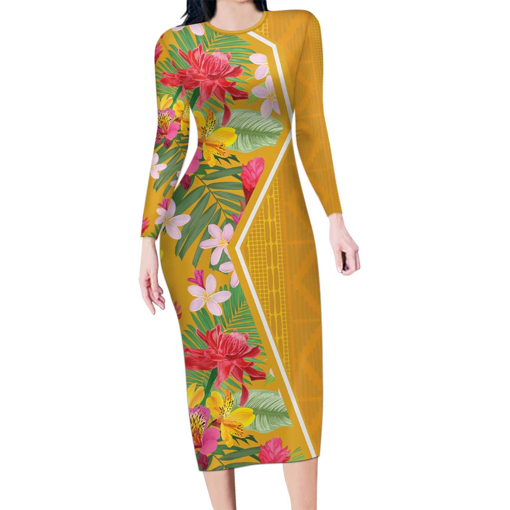 Africa Tropical Flowers Family Matching Long Sleeve Bodycon Dress and Hawaiian Shirt Yellow Version - Wonder Print Shop