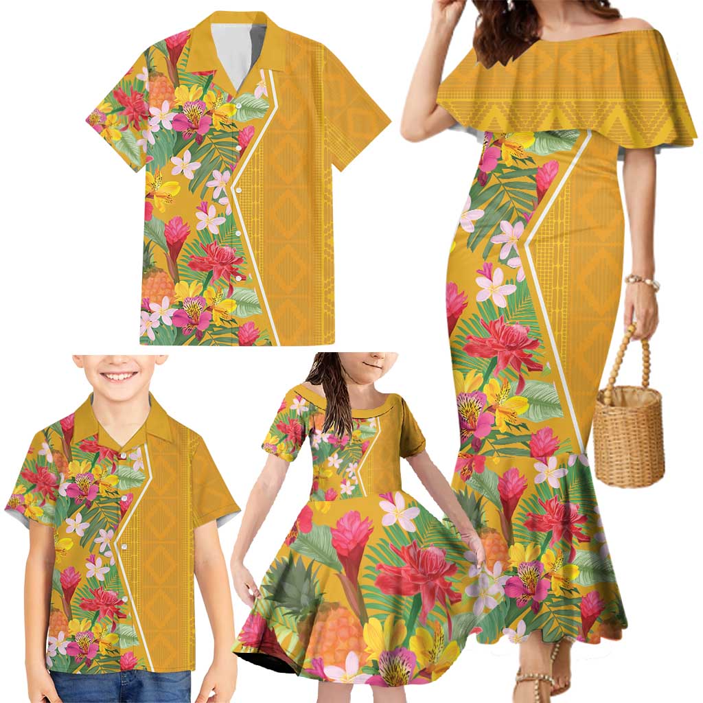 Africa Tropical Flowers Family Matching Mermaid Dress and Hawaiian Shirt Yellow Version - Wonder Print Shop