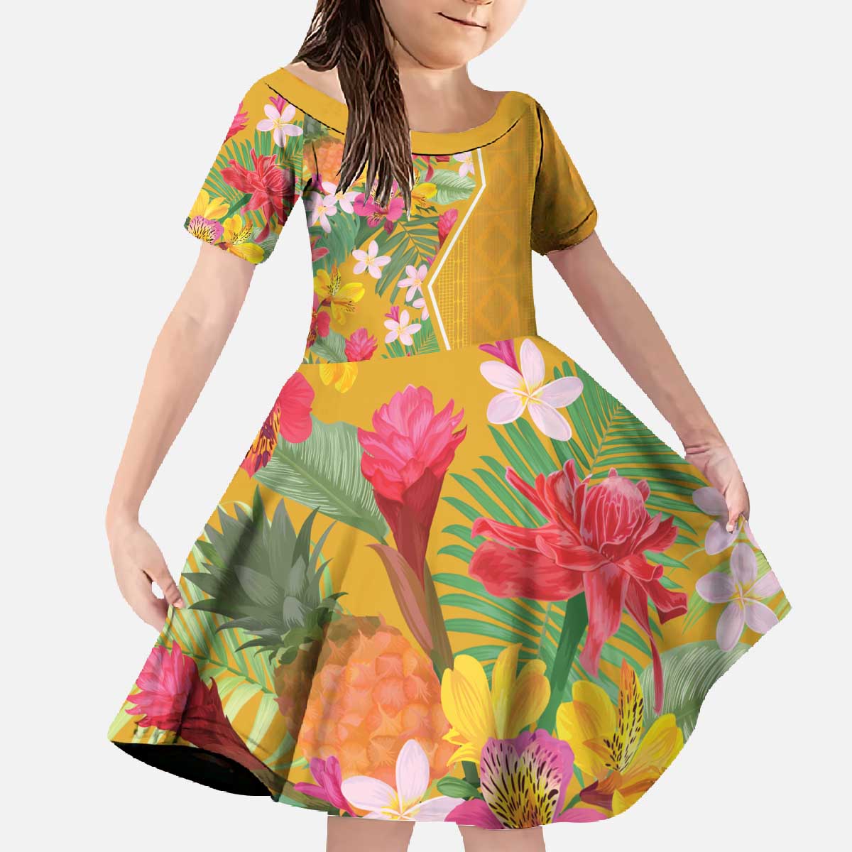 Africa Tropical Flowers Family Matching Off The Shoulder Long Sleeve Dress and Hawaiian Shirt Yellow Version - Wonder Print Shop