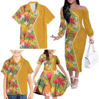 Africa Tropical Flowers Family Matching Off The Shoulder Long Sleeve Dress and Hawaiian Shirt Yellow Version - Wonder Print Shop