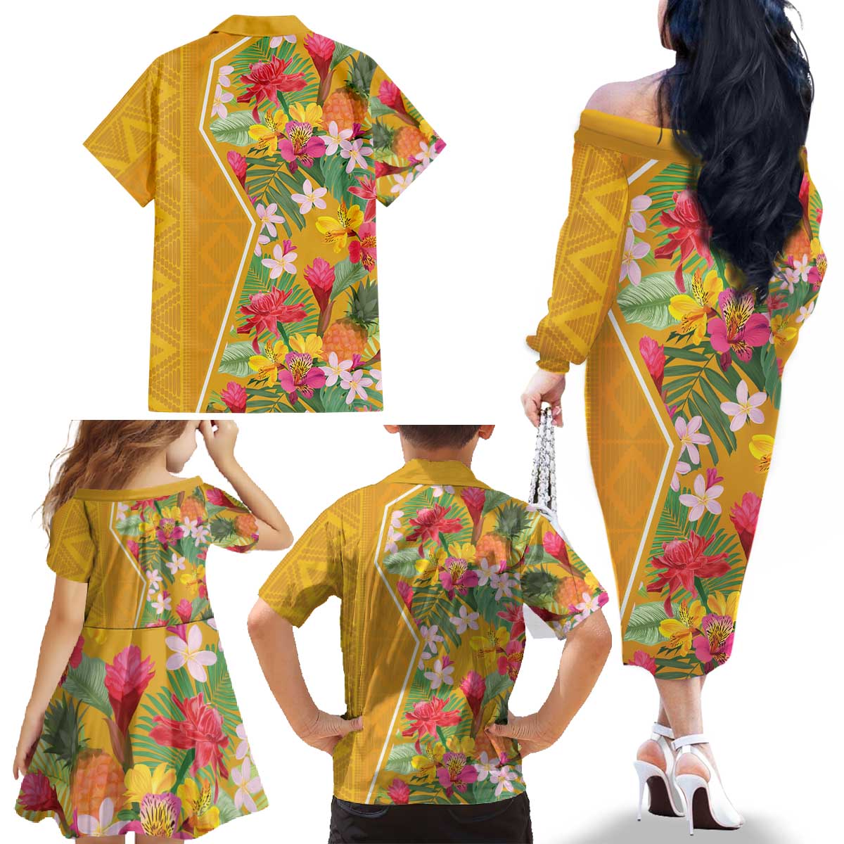 Africa Tropical Flowers Family Matching Off The Shoulder Long Sleeve Dress and Hawaiian Shirt Yellow Version - Wonder Print Shop