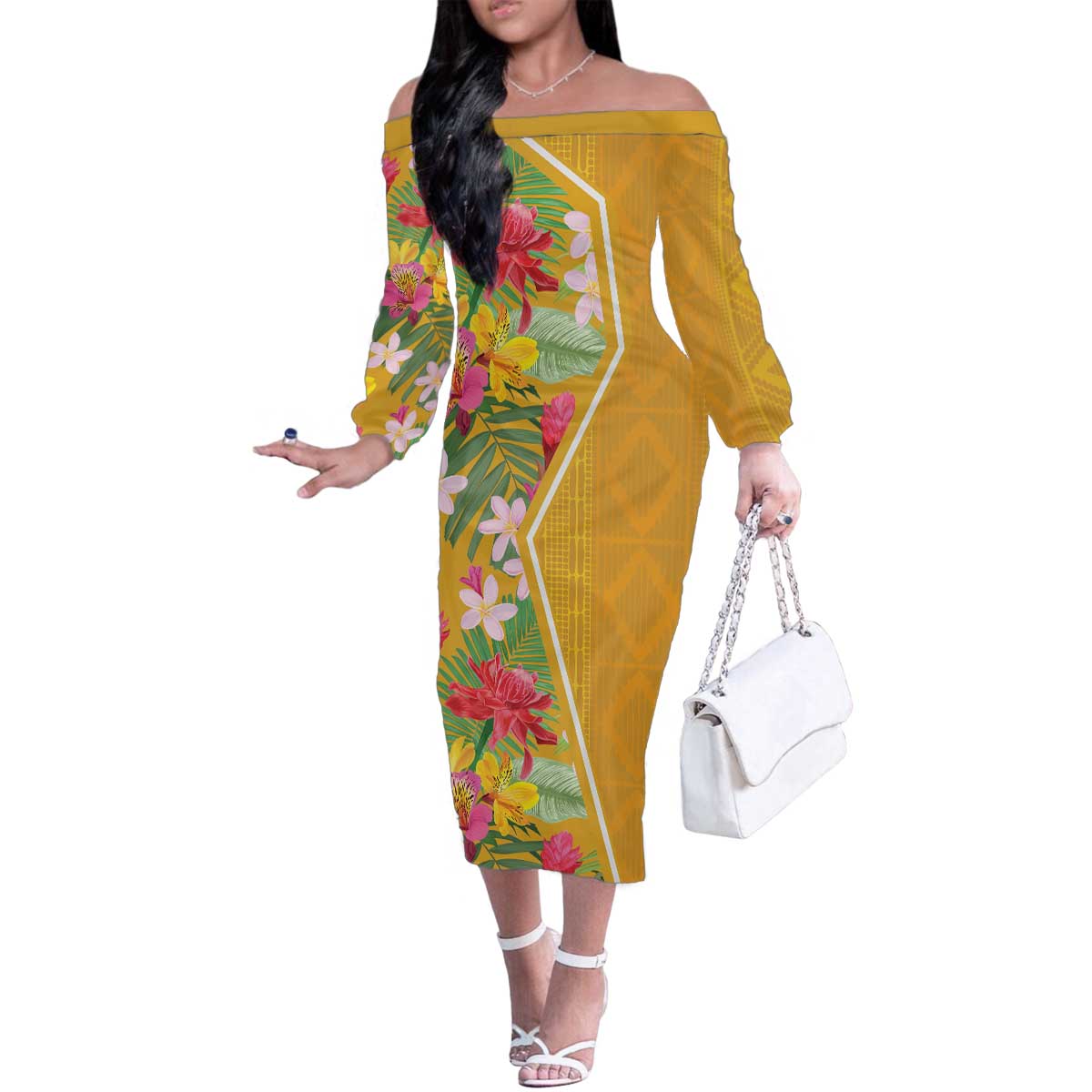 Africa Tropical Flowers Family Matching Off The Shoulder Long Sleeve Dress and Hawaiian Shirt Yellow Version - Wonder Print Shop