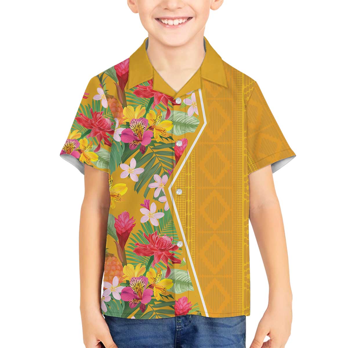 Africa Tropical Flowers Family Matching Off The Shoulder Long Sleeve Dress and Hawaiian Shirt Yellow Version - Wonder Print Shop