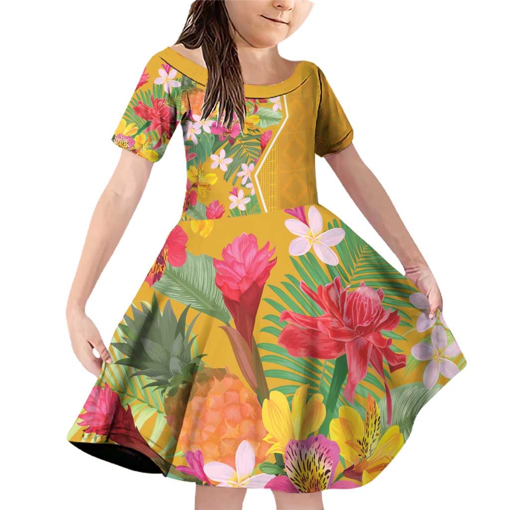 Africa Tropical Flowers Family Matching Off Shoulder Short Dress and Hawaiian Shirt Yellow Version - Wonder Print Shop