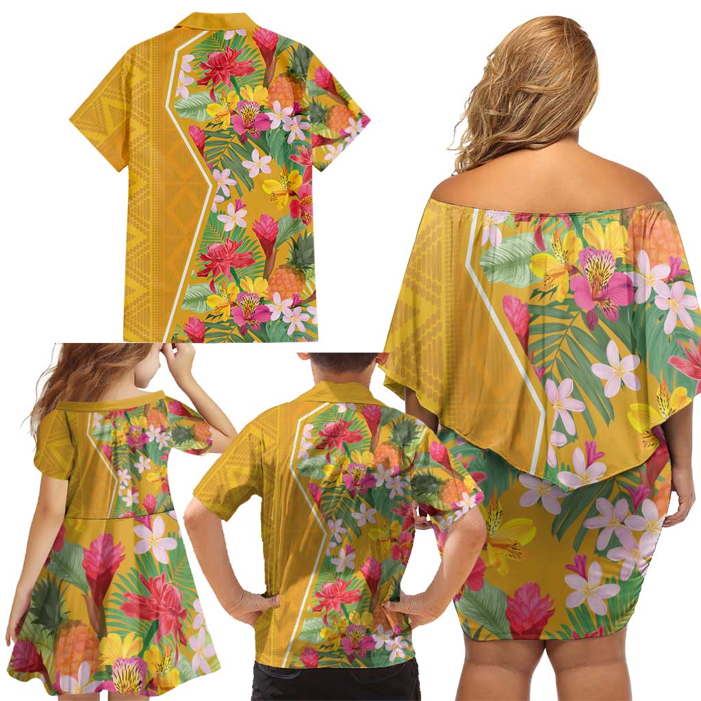 Africa Tropical Flowers Family Matching Off Shoulder Short Dress and Hawaiian Shirt Yellow Version - Wonder Print Shop