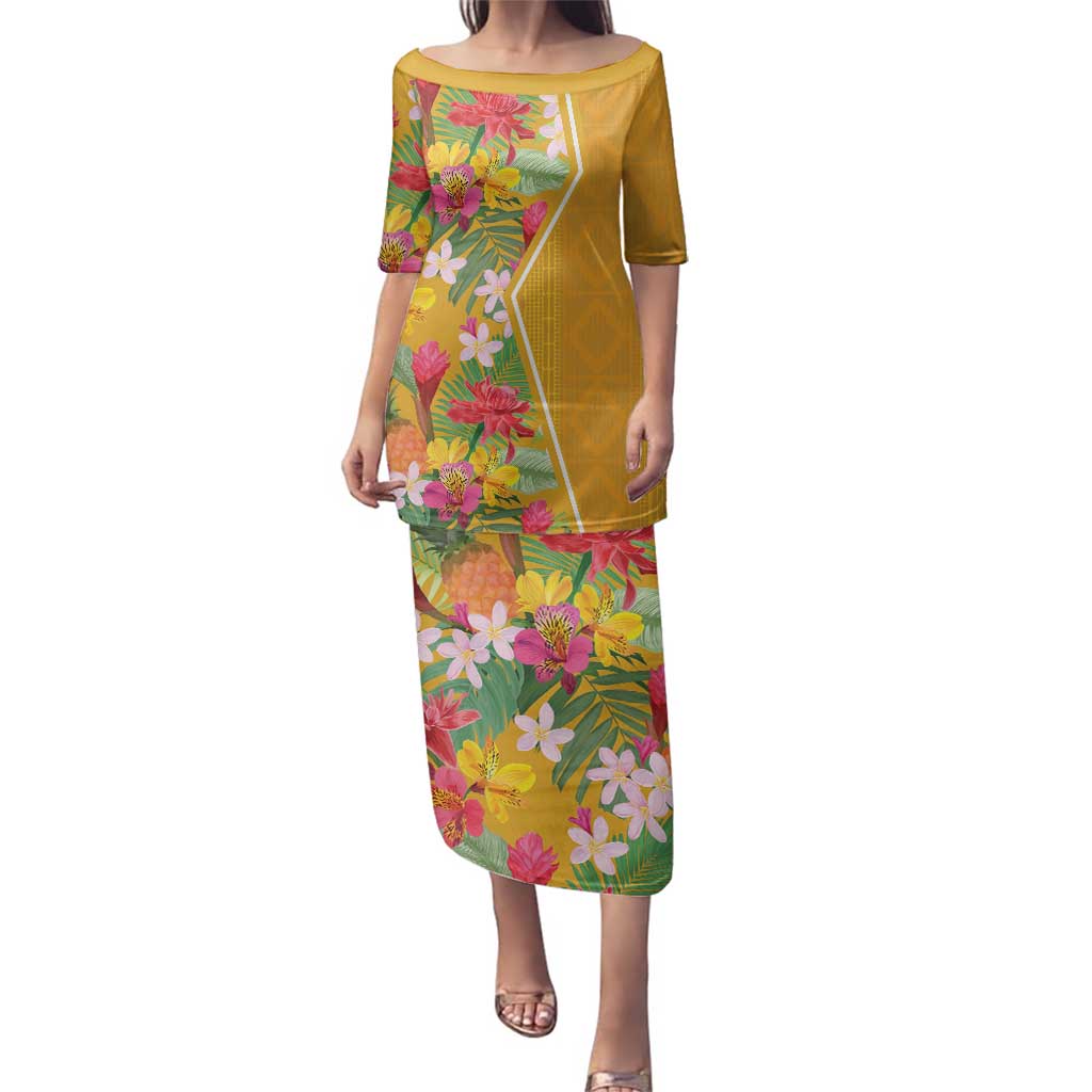 Africa Tropical Flowers Family Matching Puletasi and Hawaiian Shirt Yellow Version - Wonder Print Shop