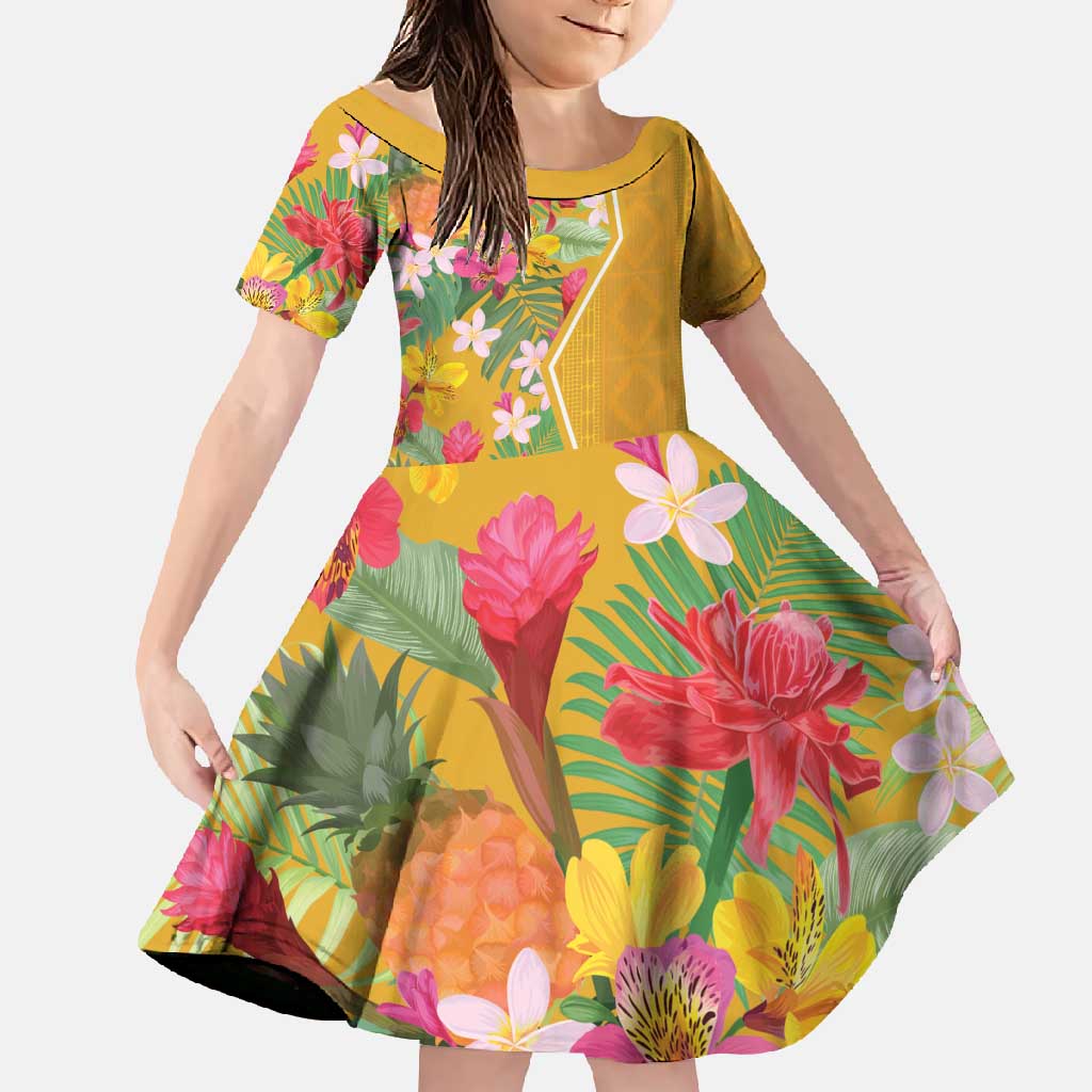Africa Tropical Flowers Family Matching Short Sleeve Bodycon Dress and Hawaiian Shirt Yellow Version - Wonder Print Shop