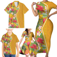 Africa Tropical Flowers Family Matching Short Sleeve Bodycon Dress and Hawaiian Shirt Yellow Version - Wonder Print Shop