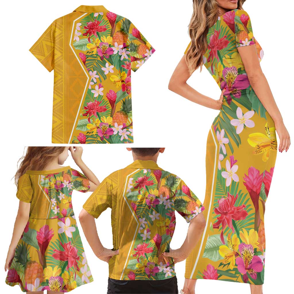 Africa Tropical Flowers Family Matching Short Sleeve Bodycon Dress and Hawaiian Shirt Yellow Version - Wonder Print Shop