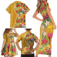 Africa Tropical Flowers Family Matching Short Sleeve Bodycon Dress and Hawaiian Shirt Yellow Version - Wonder Print Shop