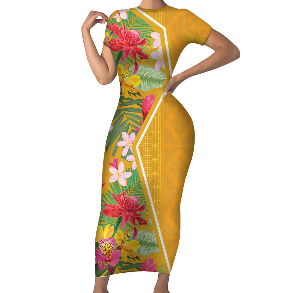Africa Tropical Flowers Family Matching Short Sleeve Bodycon Dress and Hawaiian Shirt Yellow Version - Wonder Print Shop