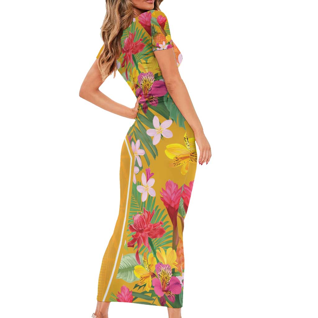 Africa Tropical Flowers Family Matching Short Sleeve Bodycon Dress and Hawaiian Shirt Yellow Version - Wonder Print Shop