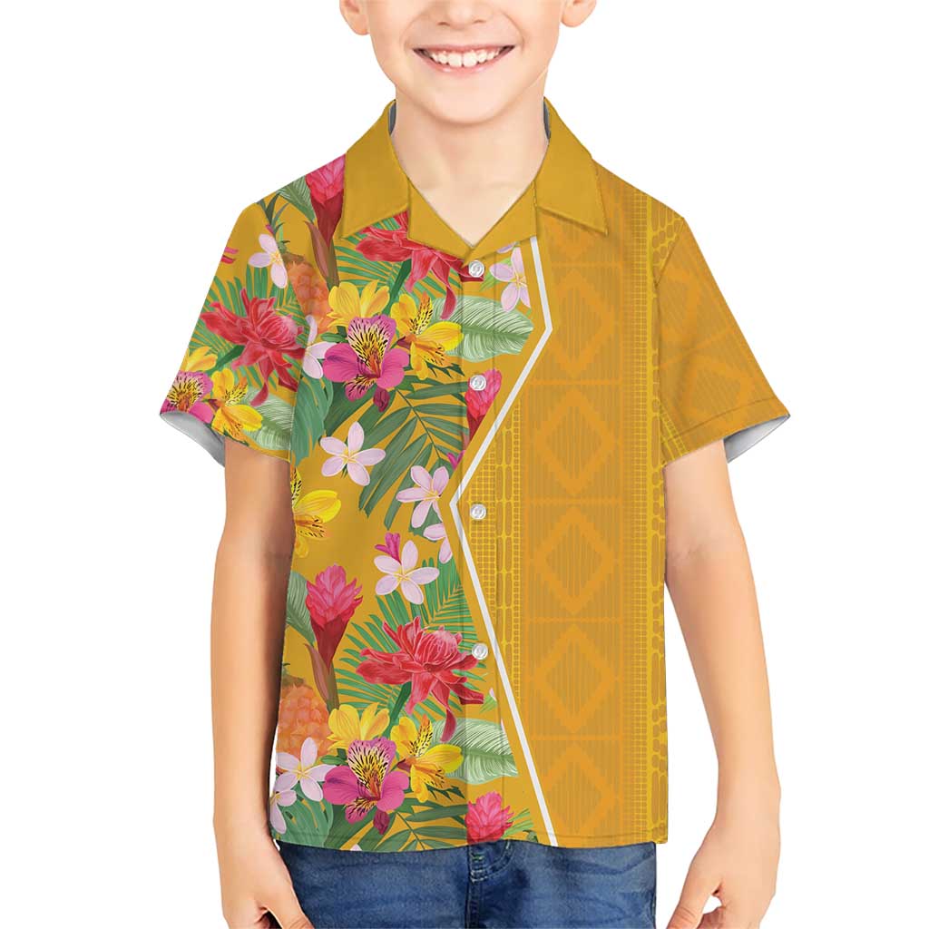 Africa Tropical Flowers Family Matching Short Sleeve Bodycon Dress and Hawaiian Shirt Yellow Version - Wonder Print Shop