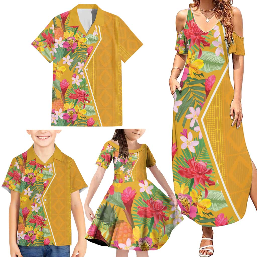 Africa Tropical Flowers Family Matching Summer Maxi Dress and Hawaiian Shirt Yellow Version - Wonder Print Shop