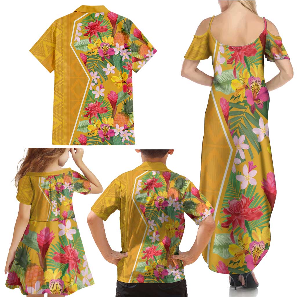 Africa Tropical Flowers Family Matching Summer Maxi Dress and Hawaiian Shirt Yellow Version - Wonder Print Shop