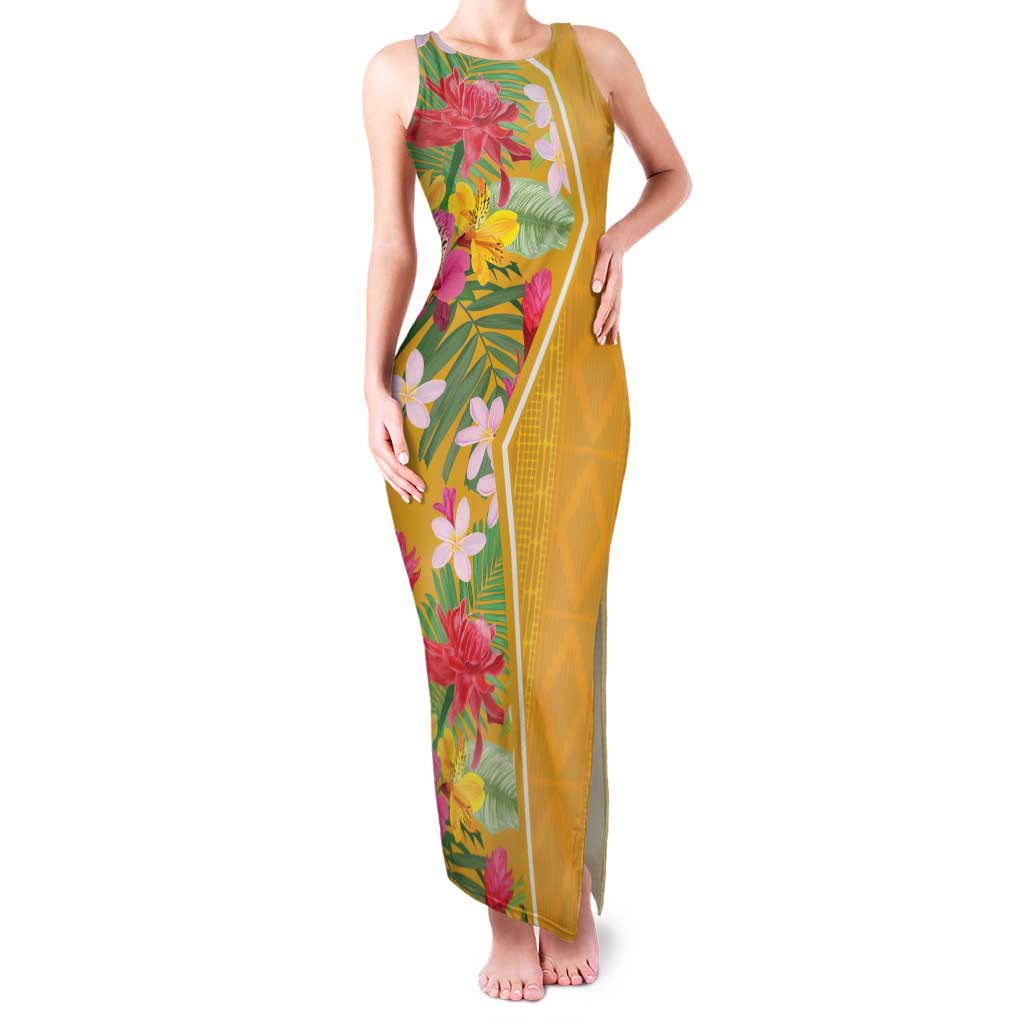 Africa Tropical Flowers Family Matching Tank Maxi Dress and Hawaiian Shirt Yellow Version - Wonder Print Shop