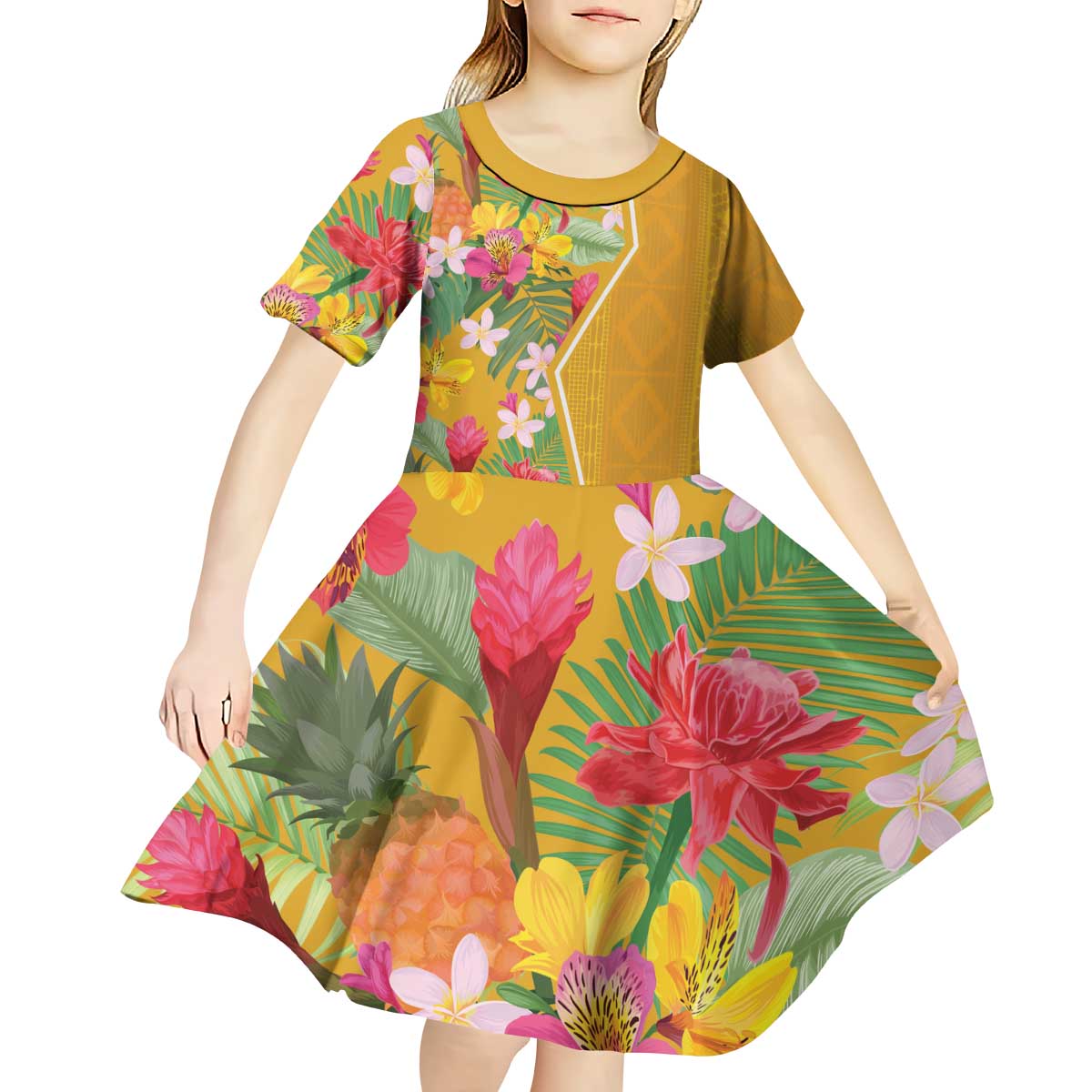 Africa Tropical Flowers Kid Short Sleeve Dress Yellow Version - Wonder Print Shop