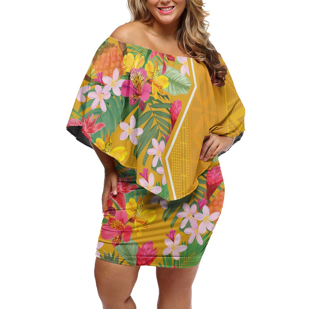 Africa Tropical Flowers Off Shoulder Short Dress Yellow Version - Wonder Print Shop