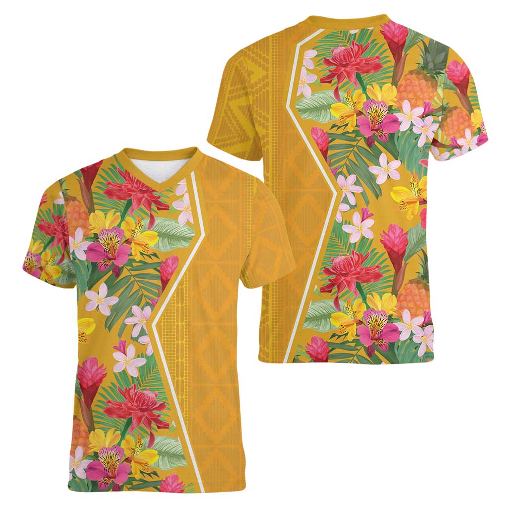 Africa Tropical Flowers Women V-Neck T-Shirt Yellow Version - Wonder Print Shop