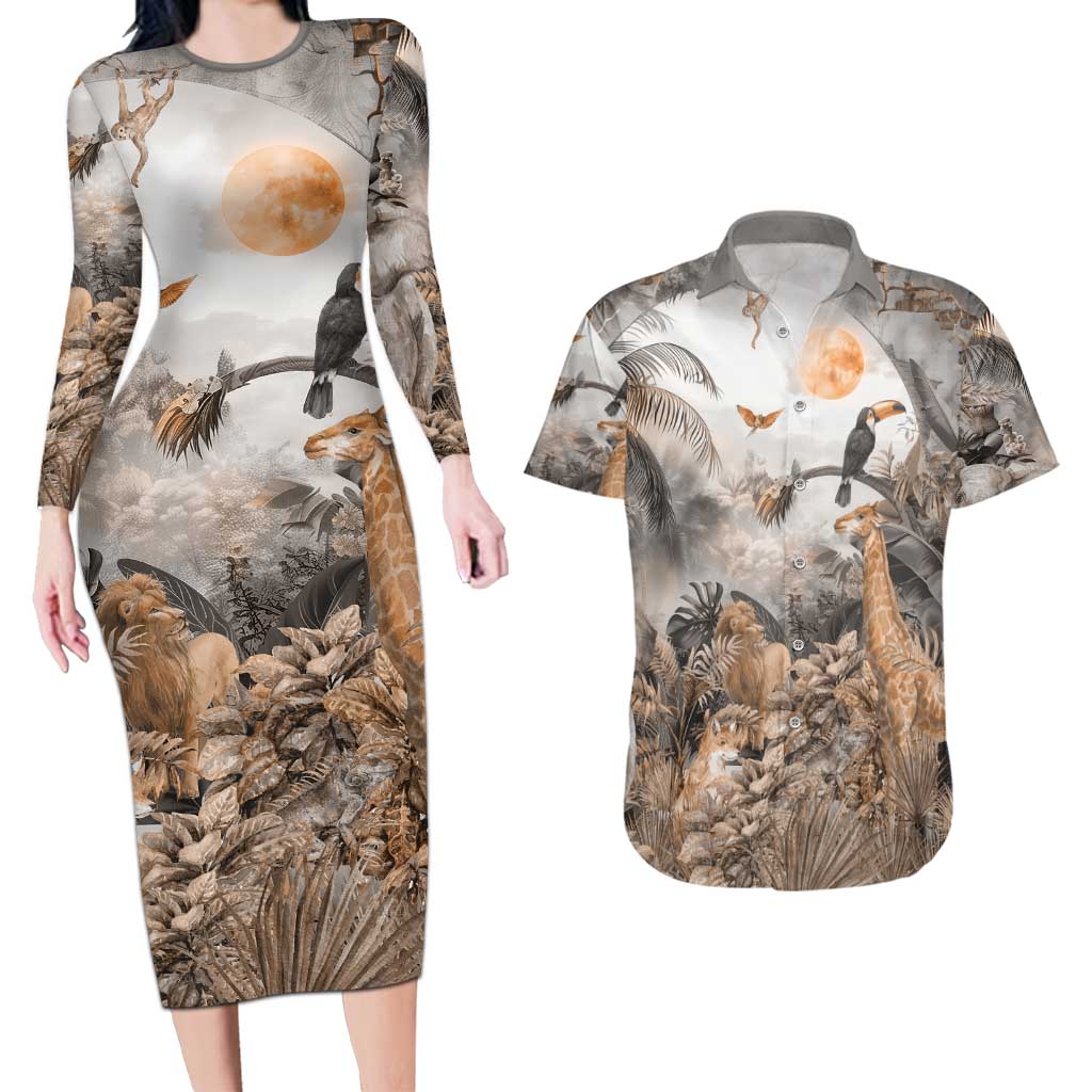 Africa Safari Animals Couples Matching Long Sleeve Bodycon Dress and Hawaiian Shirt - Wonder Print Shop
