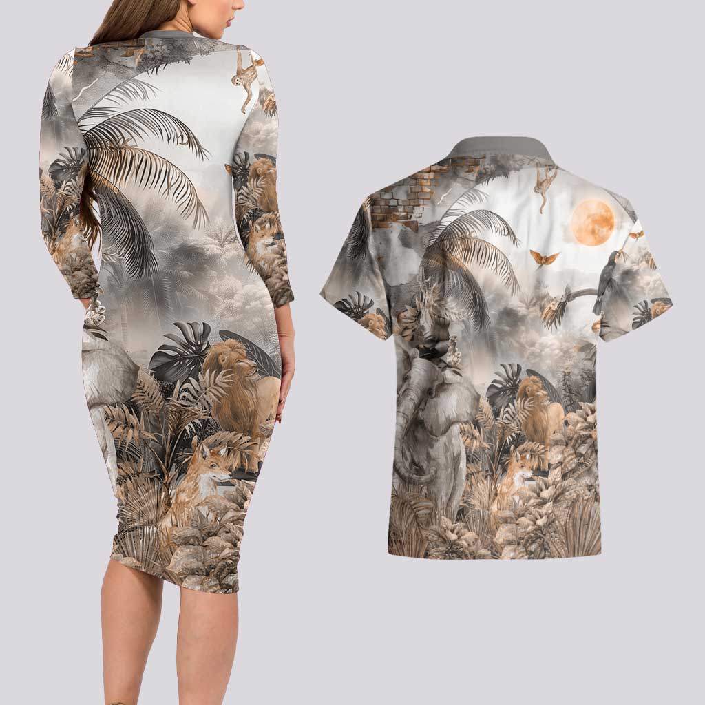 Africa Safari Animals Couples Matching Long Sleeve Bodycon Dress and Hawaiian Shirt - Wonder Print Shop