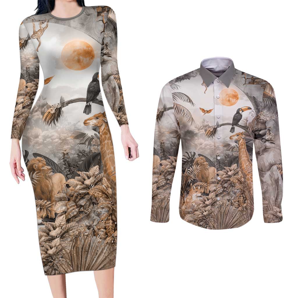Africa Safari Animals Couples Matching Long Sleeve Bodycon Dress and Long Sleeve Button Shirt - Wonder Print Shop