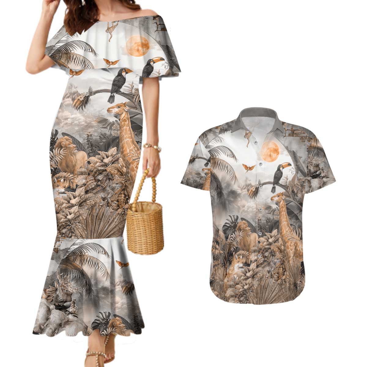Africa Safari Animals Couples Matching Mermaid Dress and Hawaiian Shirt - Wonder Print Shop