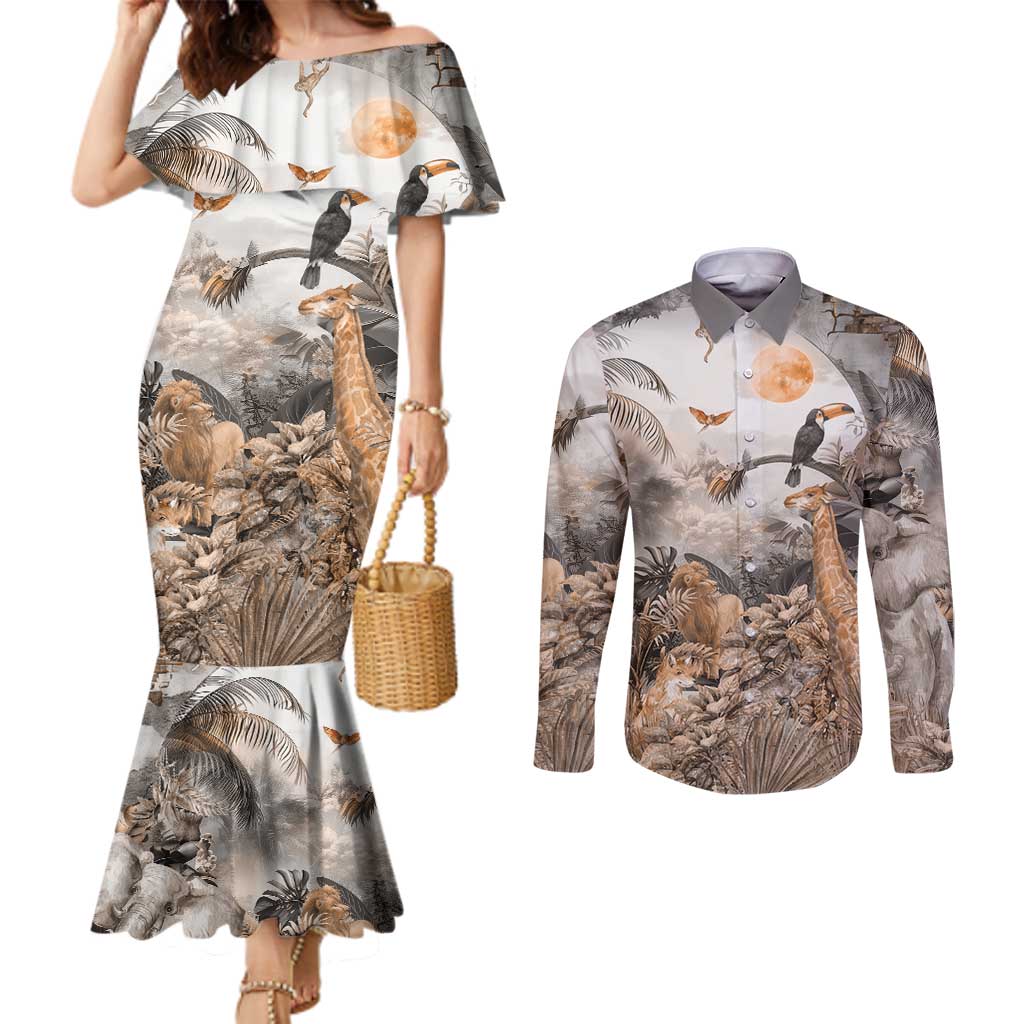 Africa Safari Animals Couples Matching Mermaid Dress and Long Sleeve Button Shirt