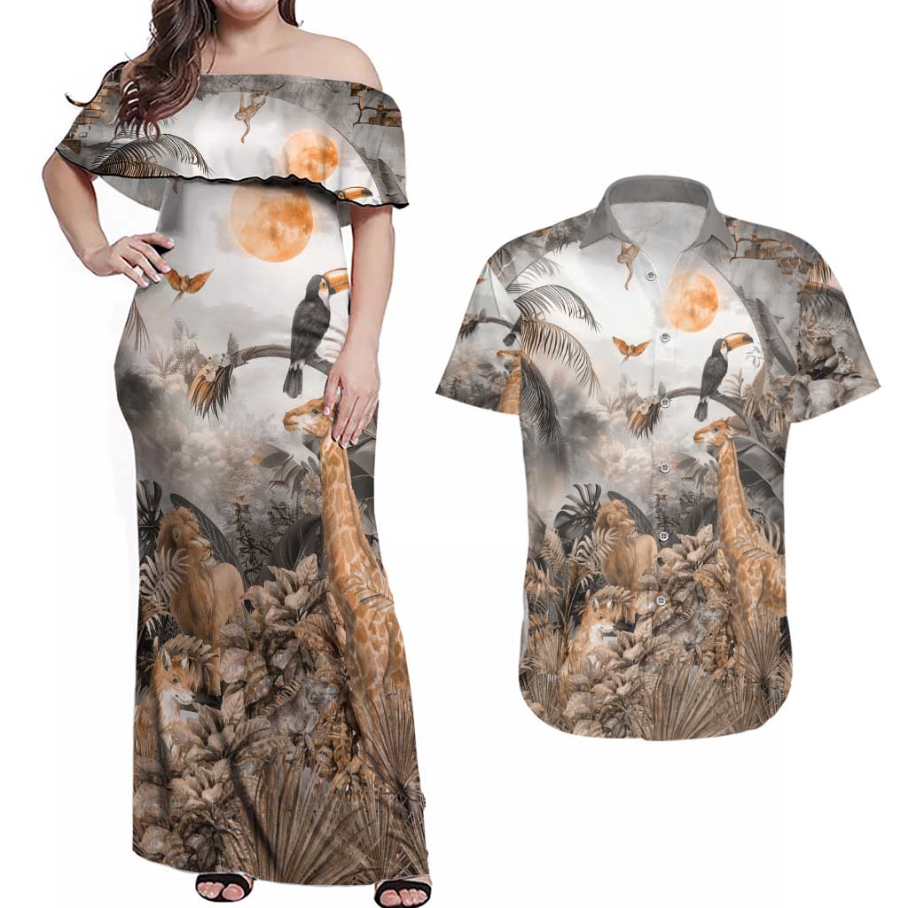 Africa Safari Animals Couples Matching Off Shoulder Maxi Dress and Hawaiian Shirt - Wonder Print Shop