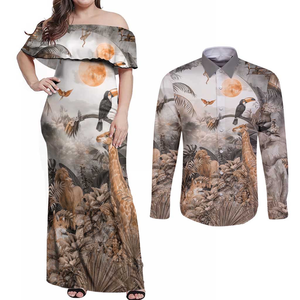 Africa Safari Animals Couples Matching Off Shoulder Maxi Dress and Long Sleeve Button Shirt - Wonder Print Shop