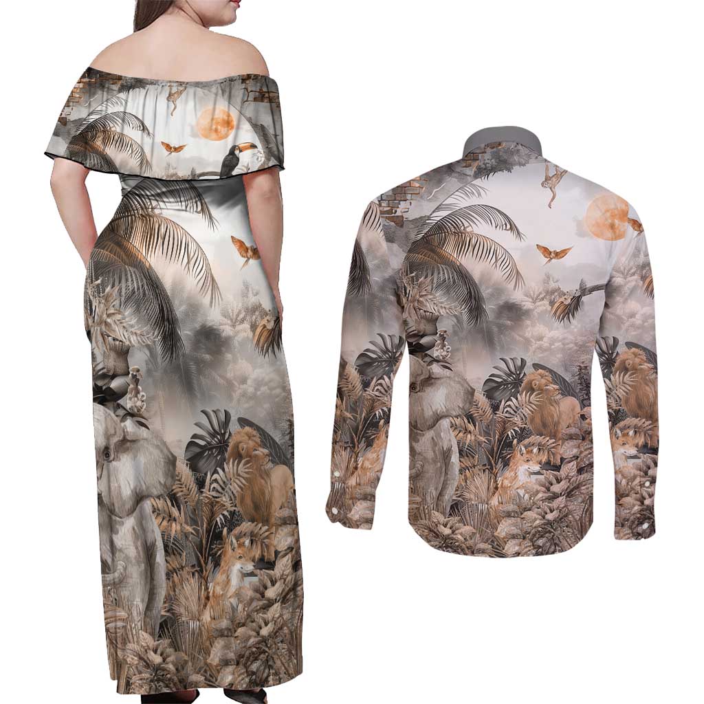 Africa Safari Animals Couples Matching Off Shoulder Maxi Dress and Long Sleeve Button Shirt - Wonder Print Shop