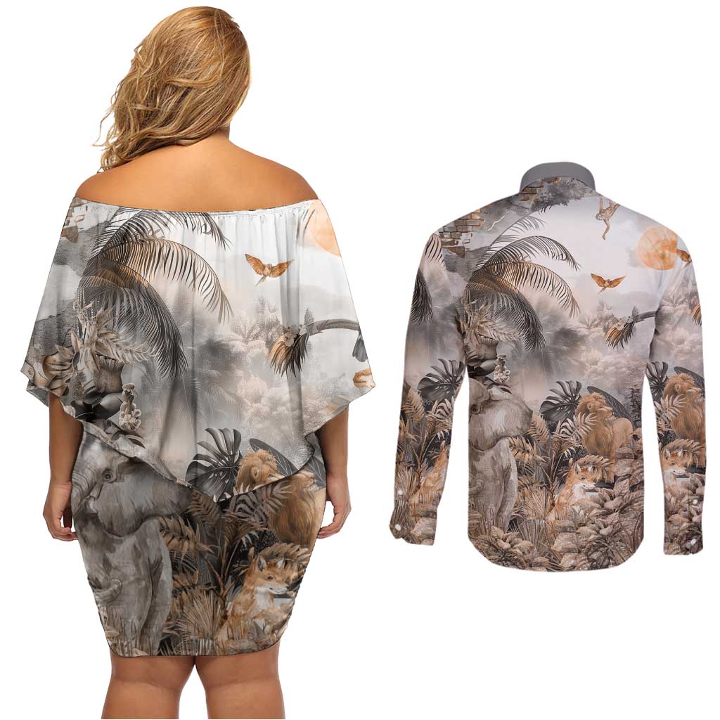 Africa Safari Animals Couples Matching Off Shoulder Short Dress and Long Sleeve Button Shirt - Wonder Print Shop
