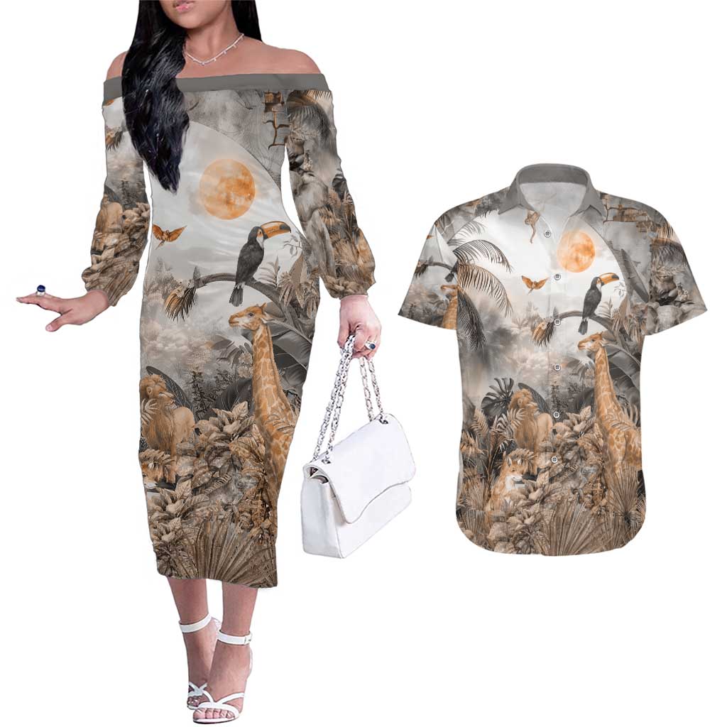 Africa Safari Animals Couples Matching Off The Shoulder Long Sleeve Dress and Hawaiian Shirt - Wonder Print Shop