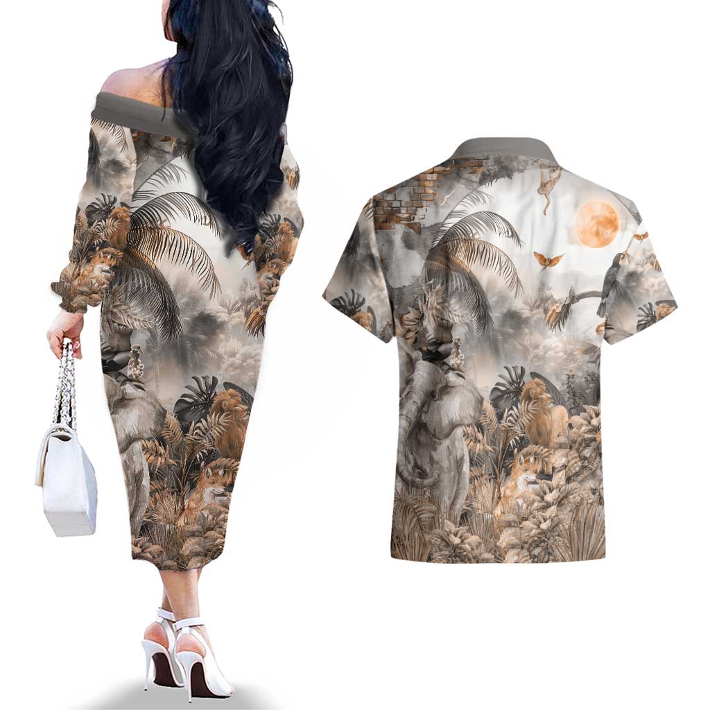 Africa Safari Animals Couples Matching Off The Shoulder Long Sleeve Dress and Hawaiian Shirt - Wonder Print Shop