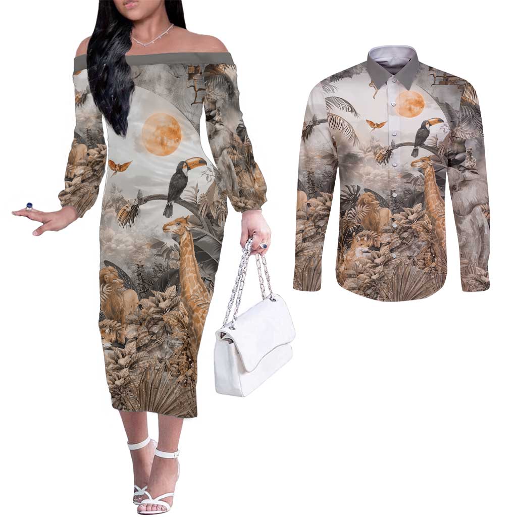 Africa Safari Animals Couples Matching Off The Shoulder Long Sleeve Dress and Long Sleeve Button Shirt