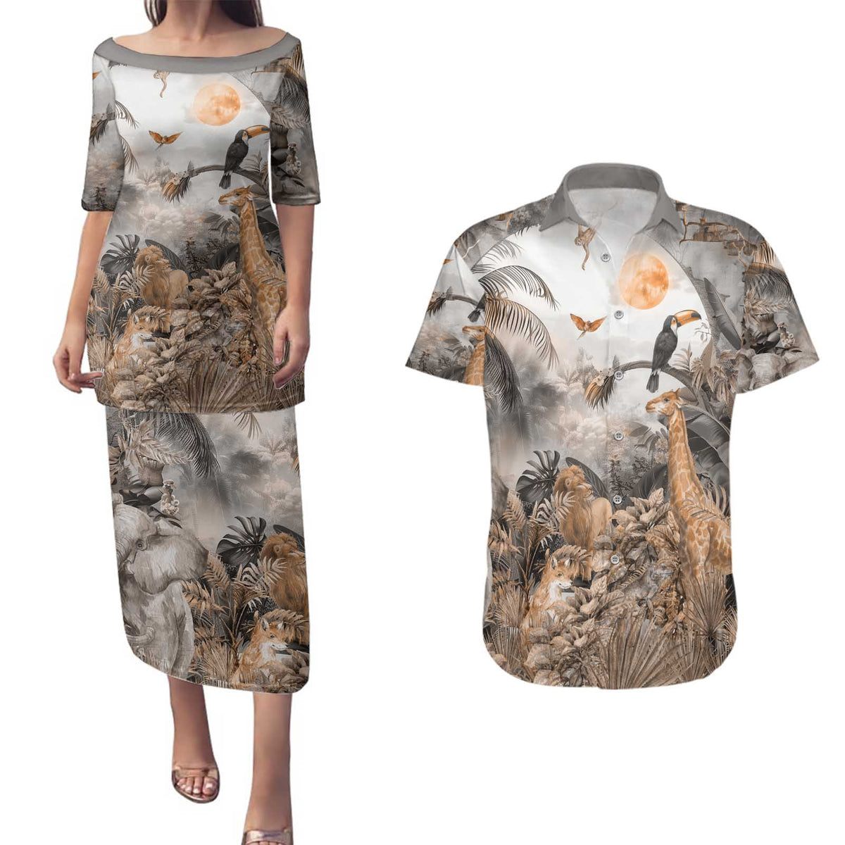 Africa Safari Animals Couples Matching Puletasi and Hawaiian Shirt - Wonder Print Shop
