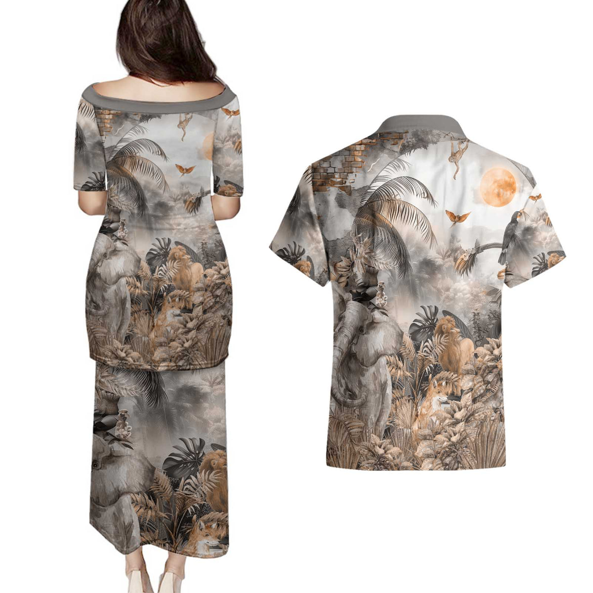 Africa Safari Animals Couples Matching Puletasi and Hawaiian Shirt - Wonder Print Shop