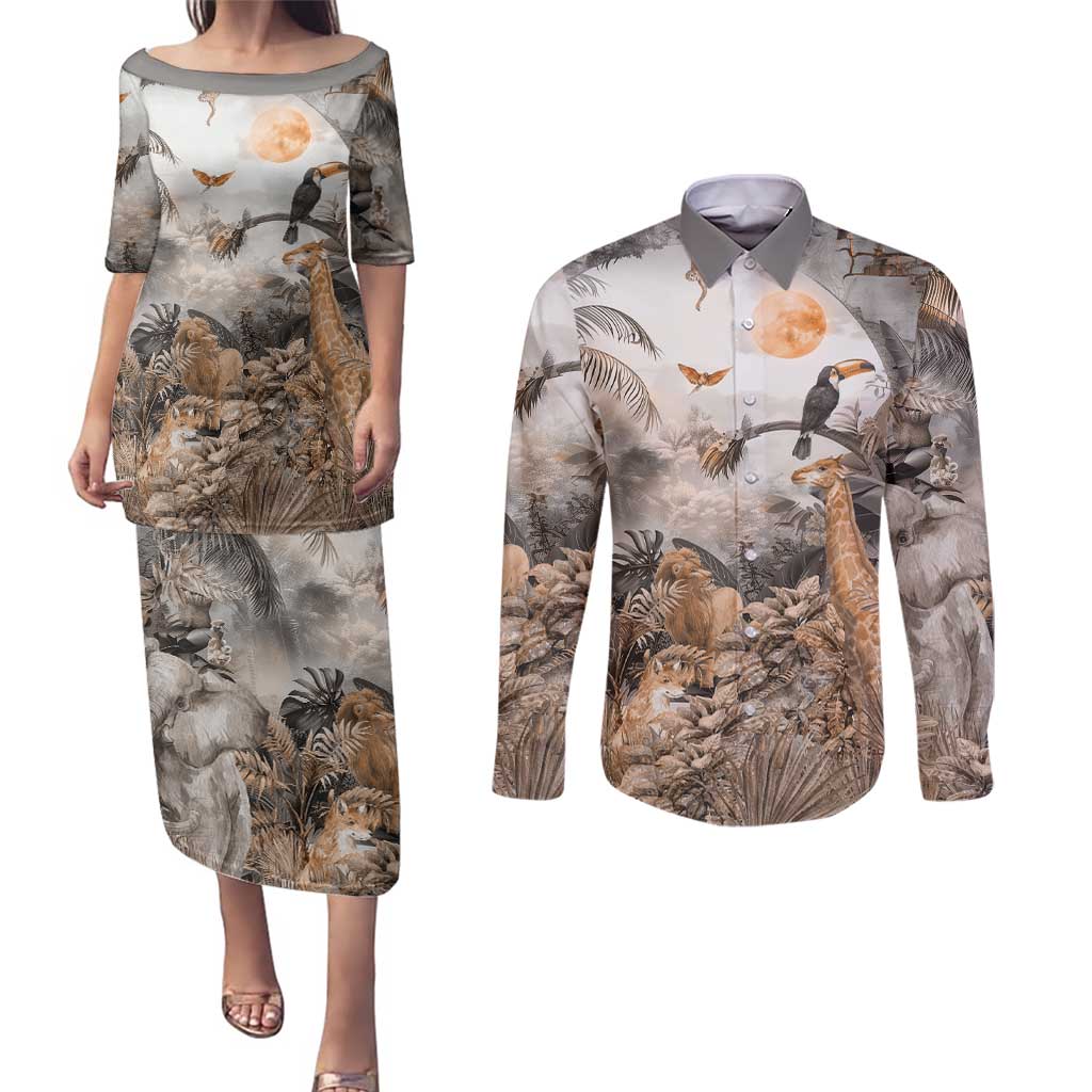 Africa Safari Animals Couples Matching Puletasi and Long Sleeve Button Shirt - Wonder Print Shop