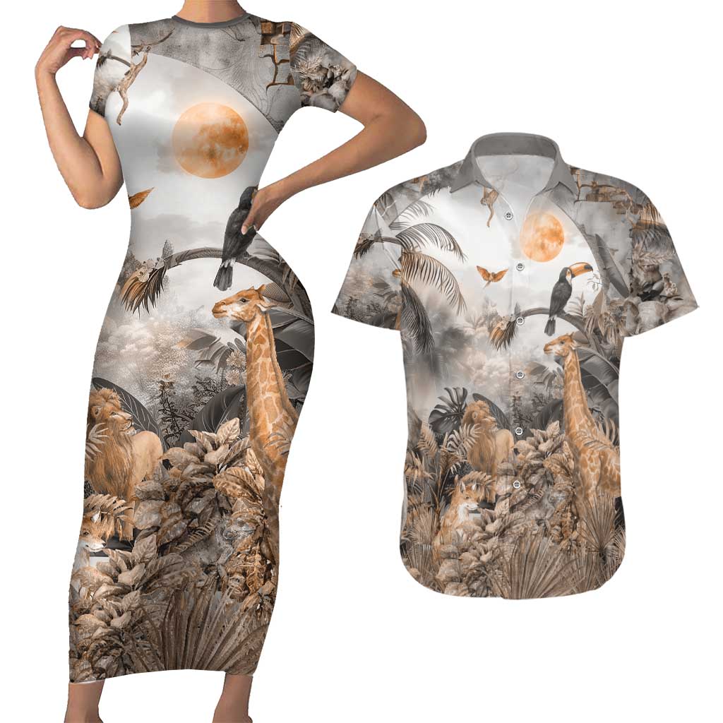 Africa Safari Animals Couples Matching Short Sleeve Bodycon Dress and Hawaiian Shirt - Wonder Print Shop